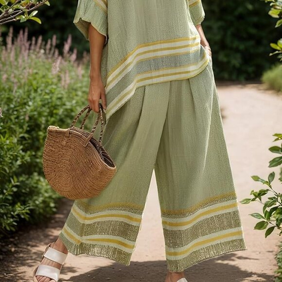 NWOT -Sage Green Linen Blend 2-Piece Set – Wide-Leg Pants & Tunic Top - Picture 2 of 5